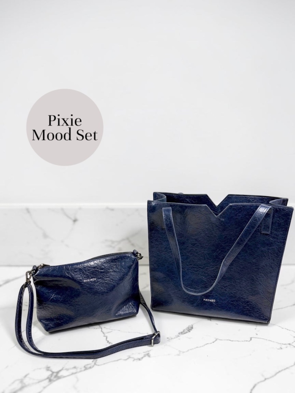 Pixie Mood Alicia Tote II & Crossbody Bag Pouch SET Navy Patent Vegan Leather